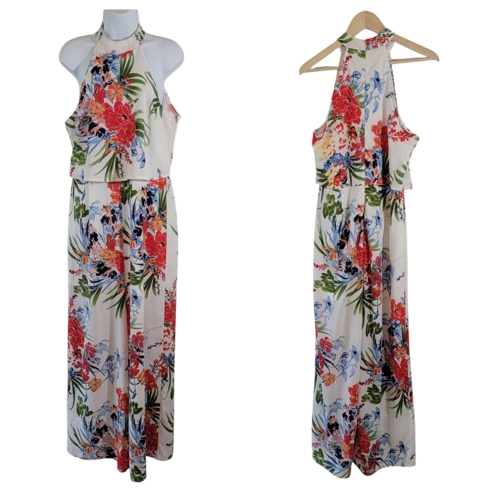 PARISIAN Womens Floral Bird Sleeveless Halter Long Jumpsuit Sz 10 Cottagecore